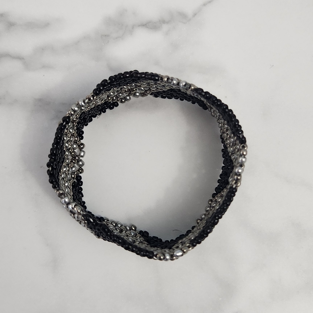 Paparazzi Desert Loom Black, Silver & White Beaded Elastic Bracelet - Picture 5 of 8